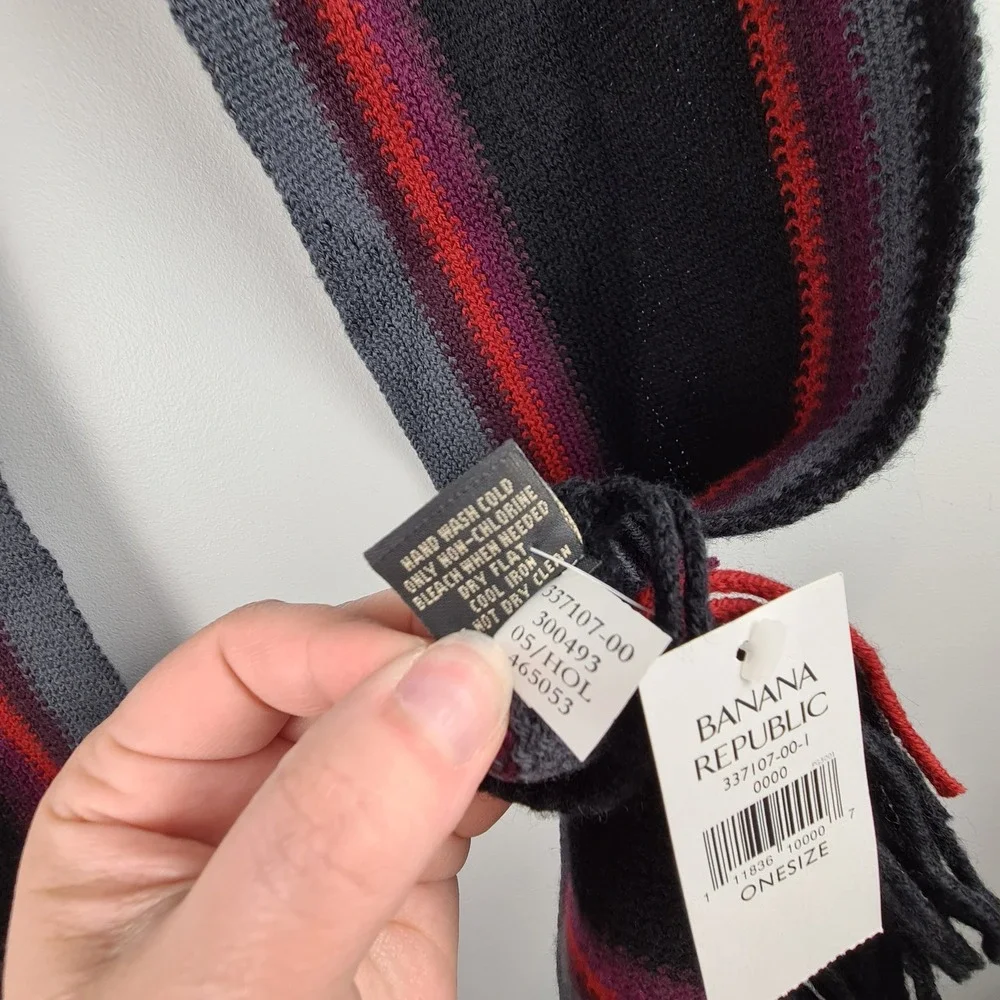 Banana Republic 100% Wool Striped Knit Scarf Black Red Grey Fringe FLAW READ